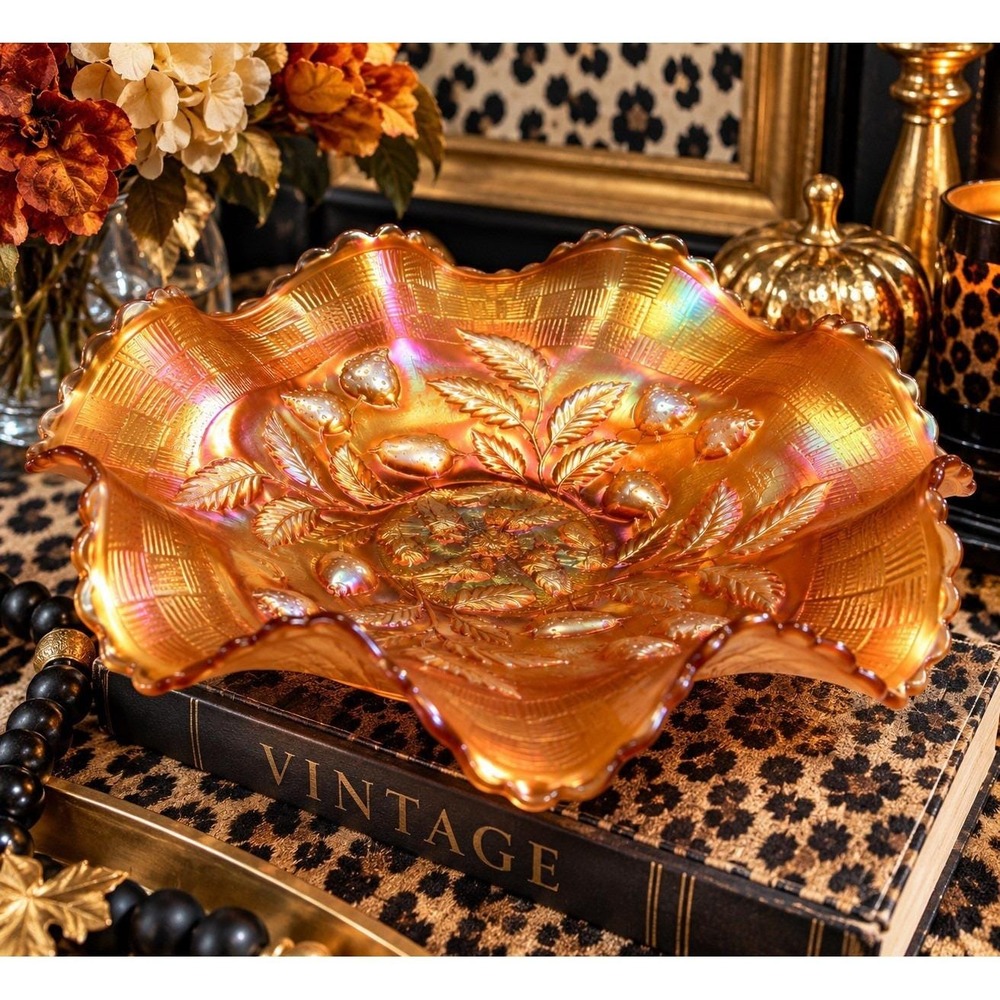 Antique c1910 Northwood Strawberry Carnival Glass Bowl Marigold Signed N 9"